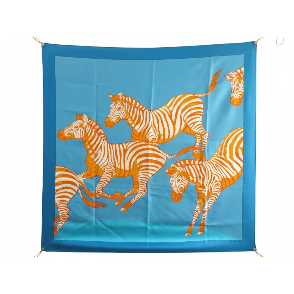 FOULARD HERMES LES ZEBRES II ROBERT DALLET CARRE 90 SOIE BLEU BOITE SCARF 530€