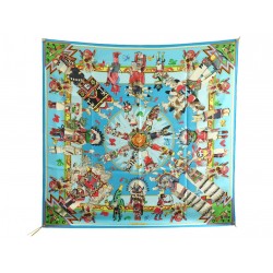 FOULARD HERMES KACHINAS KERMIT OLIVER CARRE 90 CM SOIE TURQUOISE SILK SCARF 530€