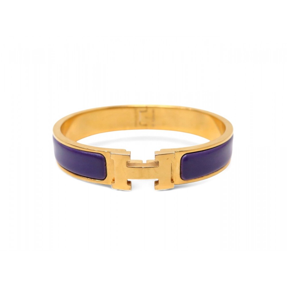 BRACELET HERMES CLIC H EMAIL VIOLET 17.5CM PLAQUE OR JAUNE + BOITE BANGLE 660€
