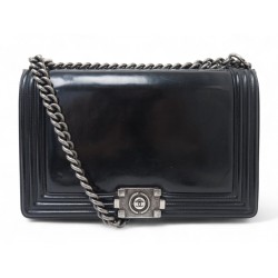 SAC A MAIN CHANEL GRAND BOY 28CM CUIR EN VERNIS NOIR BANDOULIERE HAND BAG 7100€