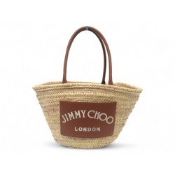 SAC A MAIN JIMMY CHOO CABAS PANIER EN RAPHIA BEIGE ET CUIR MARRON TOTE BAG 495€