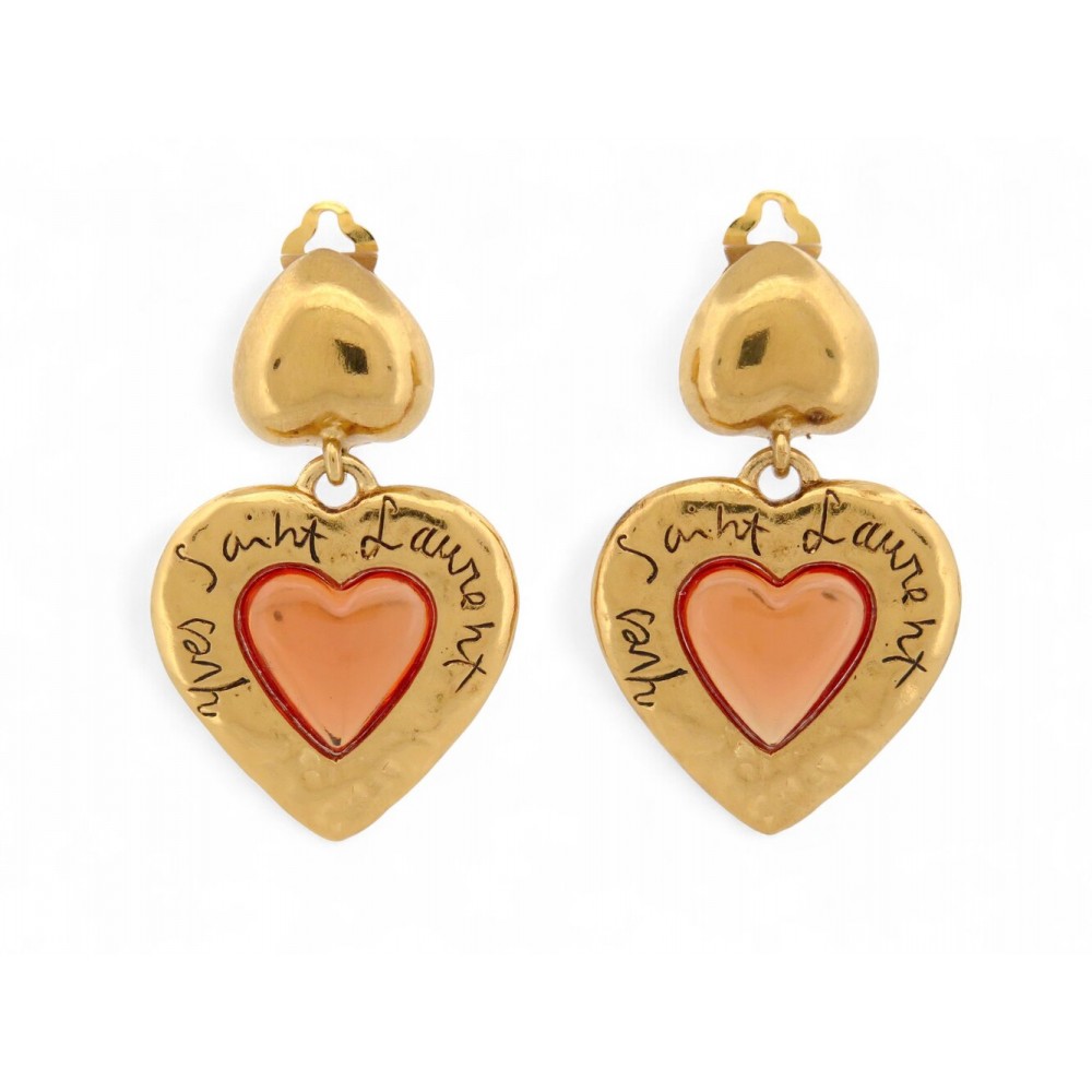VINTAGE BOUCLES D'OREILLES YVES SAINT LAURENT PENDANTES COEURS METAL EARRINGS