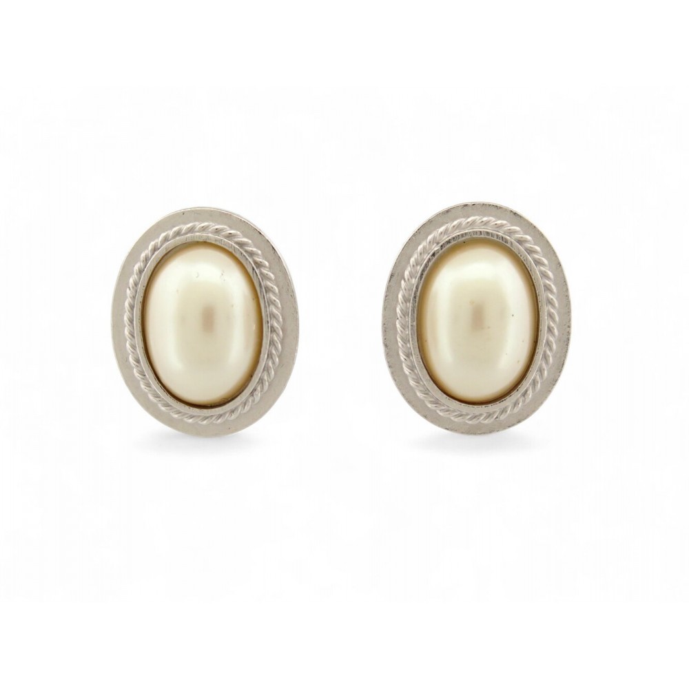 VINTAGE BOUCLES D'OREILLES YVES SAINT LAURENT PERLES METAL ARGENTE CLIP EARRINGS