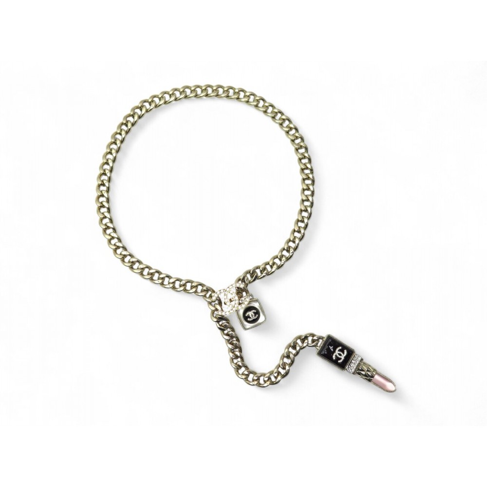 NEUF COLLIER CHANEL 2022 LOGO CC ROUGE A LEVRES 38-50 CM METAL DORE NECKLACE NEW