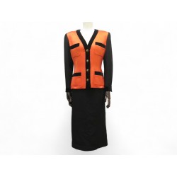 TAILLEUR CHANEL VESTE & JUPE 38 M TWEED LAINE NOIR ET SOIE ORANGE TREFLES 9300€
