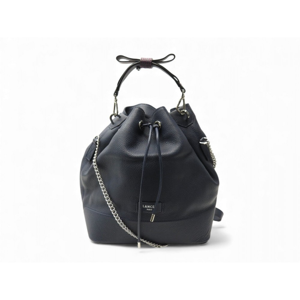 NEUF SAC A MAIN LANCEL SEAU NINON M A10650 CUIR GRAINE BLEU BANDOULIERE BAG 650€