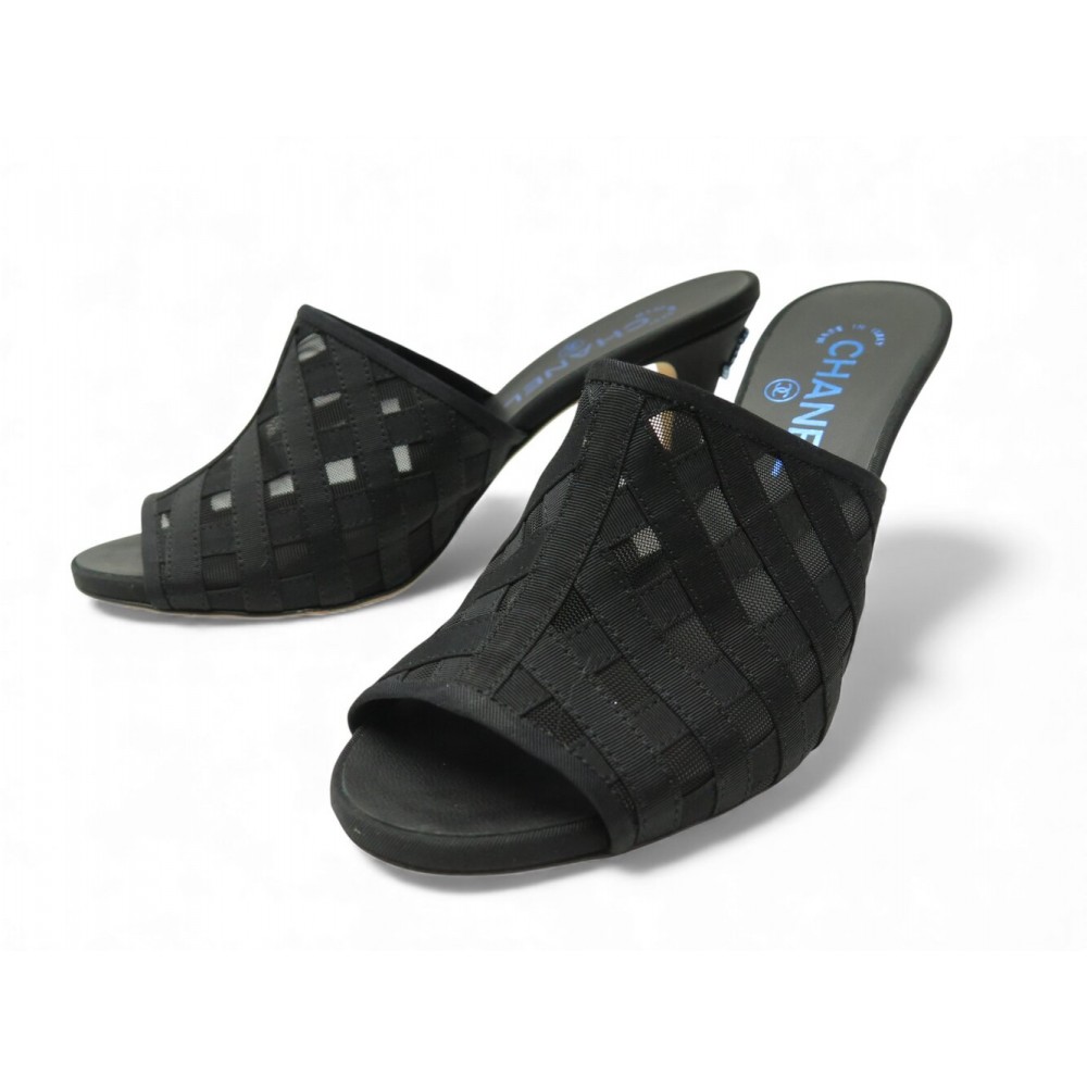 NEUF CHAUSSURES CHANEL MULES TALONS LOGO CC G34707 38 NOIR SANDALE SHOES 1300€