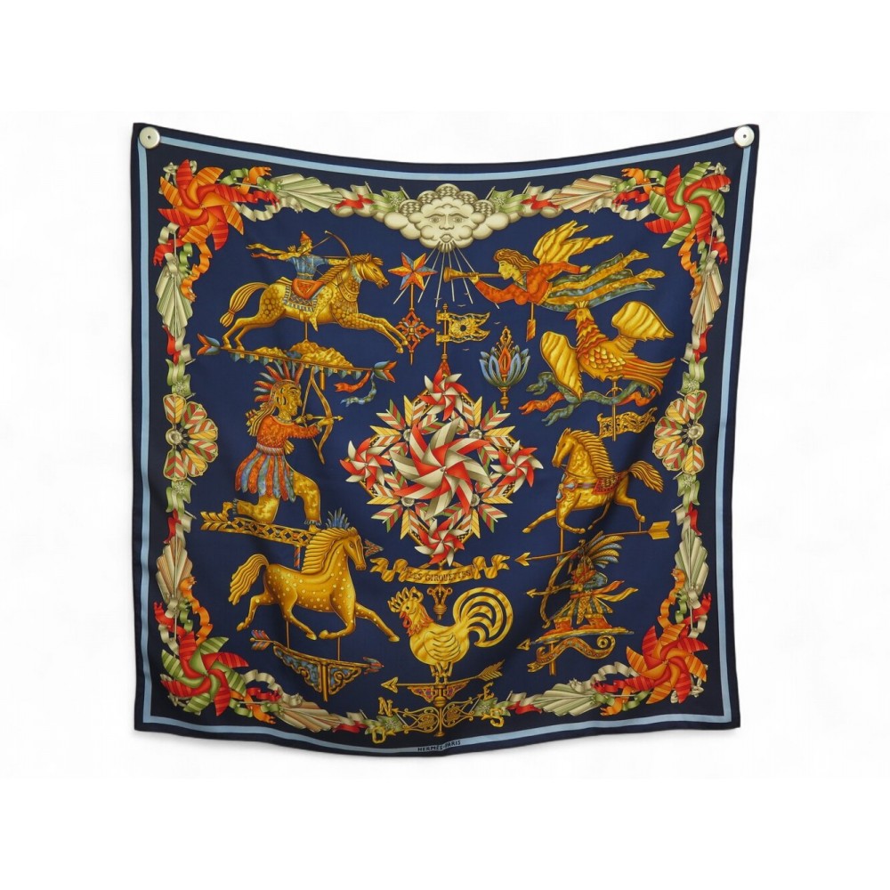 RARE FOULARD HERMES LES GIROUETTES CARRE 90 CM EN SOIE BLEUE SILK SCARF 530€