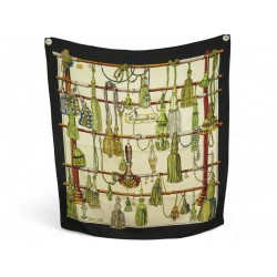 VINTAGE FOULARD HERMES PASSEMENTERIE EN SOIE NOIR & BEIGE CARRE 90 CM SCARF 530€