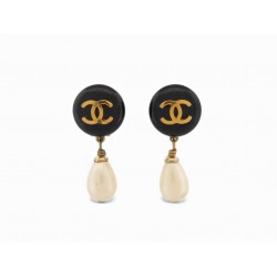VINTAGE BOUCLES D'OREILLES CHANEL 1995 PENDANTES PERLES ROND LOCO CC XEARRINGS