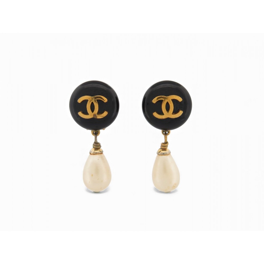 VINTAGE BOUCLES D'OREILLES CHANEL 1995 PENDANTES PERLES ROND LOCO CC XEARRINGS