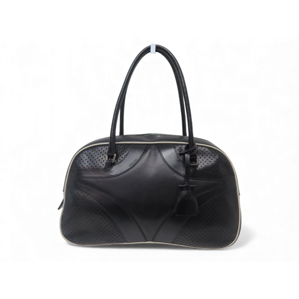 SAC A MAIN PRADA BOWLING EN CUIR PERFORE NOIR LISERET BLANC HAND BAG PURSE 1490€