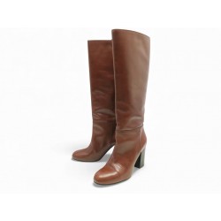 NEUF BOTTES CHANEL G28695 A TALON EN CUIR MARRON 38.5 + BOITE HIGH BOOTS 1950€