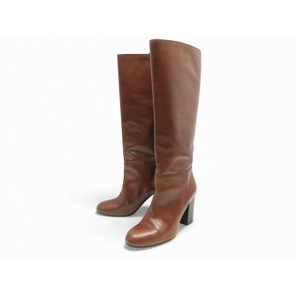 NEUF BOTTES CHANEL G28695 A TALON EN CUIR MARRON 38.5 + BOITE HIGH BOOTS 1950€