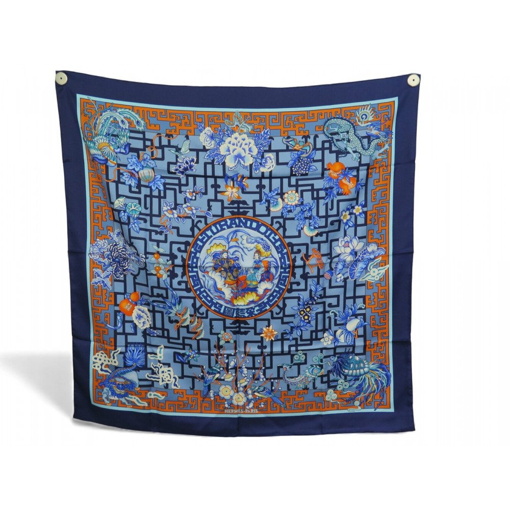 NEUF RARE FOULARD HERMES TURANDOT NATSUNO HIDAKA SOIE BLEUE CARRE 90 SILK SCARF