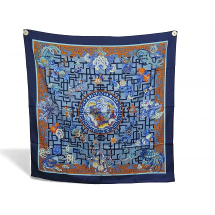 NEUF RARE FOULARD HERMES TURANDOT NATSUNO HIDAKA SOIE BLEUE CARRE 90 SILK SCARF