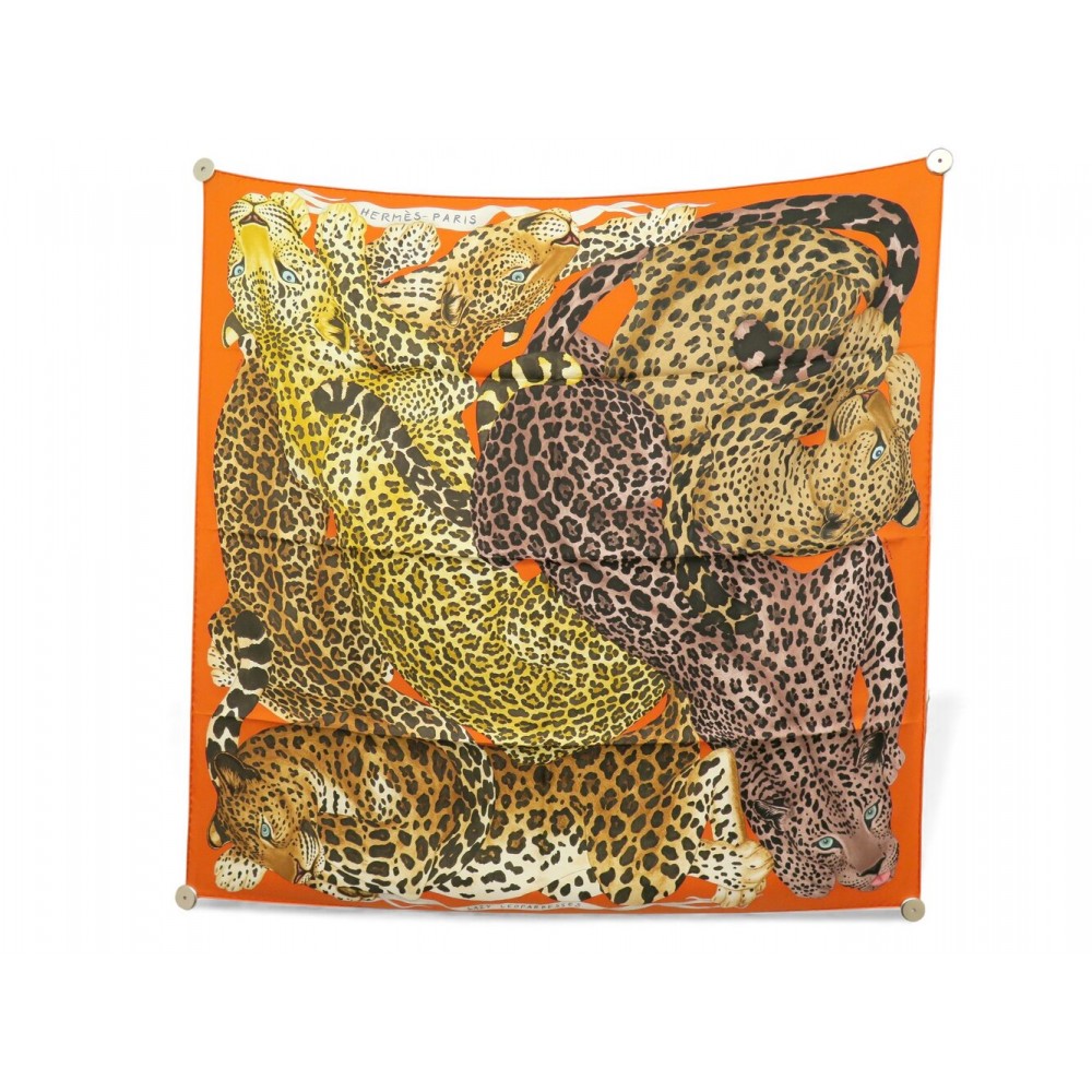 NEUF RARE FOULARD HERMES LAZY LEOPARDESSES CARRE 90 SOIE ORANGE BOITE SAC SCARF