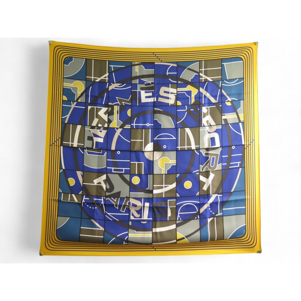 NEUF FOULARD HERMES HERMES SPORT PAR ANAMORPHEE CARRE 90 EN SOIE BLEU SCARF 530€