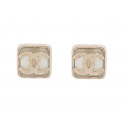 NEUF BOUCLES D'OREILLES CHANEL CARRE LOGO CC METAL DORE GOLD STEEL EARRINGS 560€