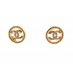 NEUF BOUCLES D'OREILLES CHANEL LOGO CC STRASS DORE PUCES RONDES EARRINGS 630€