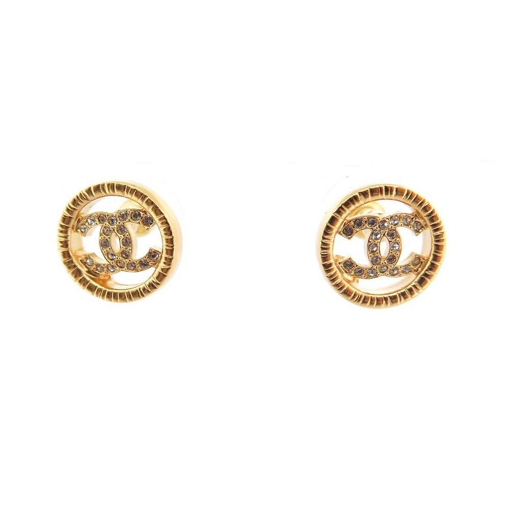 NEUF BOUCLES D'OREILLES CHANEL LOGO CC STRASS DORE PUCES RONDES EARRINGS 630€