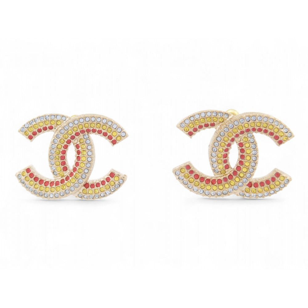NEUF BOUCLES D'OREILLES CHANEL LOGO CC & STRASS MULTICOLORES 2023 EARRINGS 750€