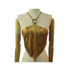 VINTAGE HAUT TOP PACO RABANNE MAILLE JERSEY TU EN METAL DORE A BRETELLES DOS NU