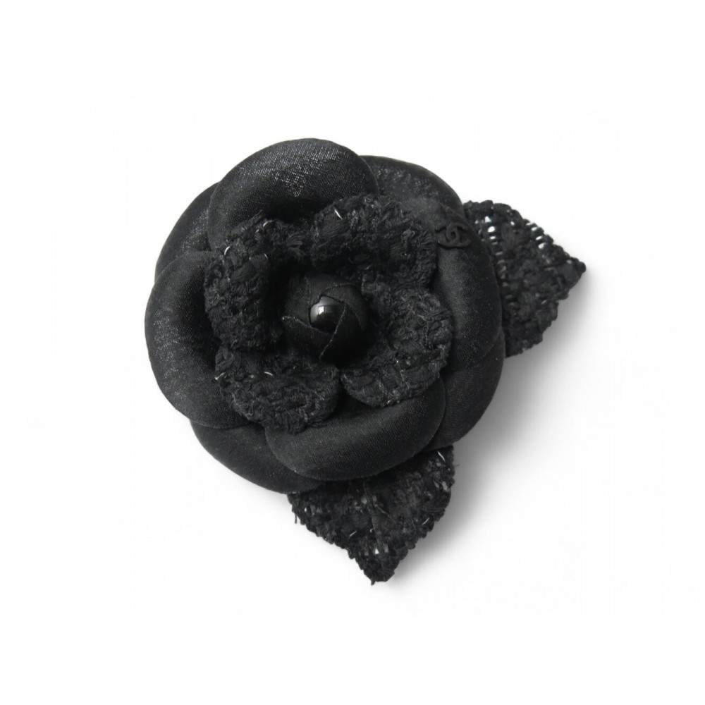 NEUF BROCHE CHANEL CAMELIA EN TWEED NOIR NEW CANVAS BLACK FLOWER BROOCH 690€