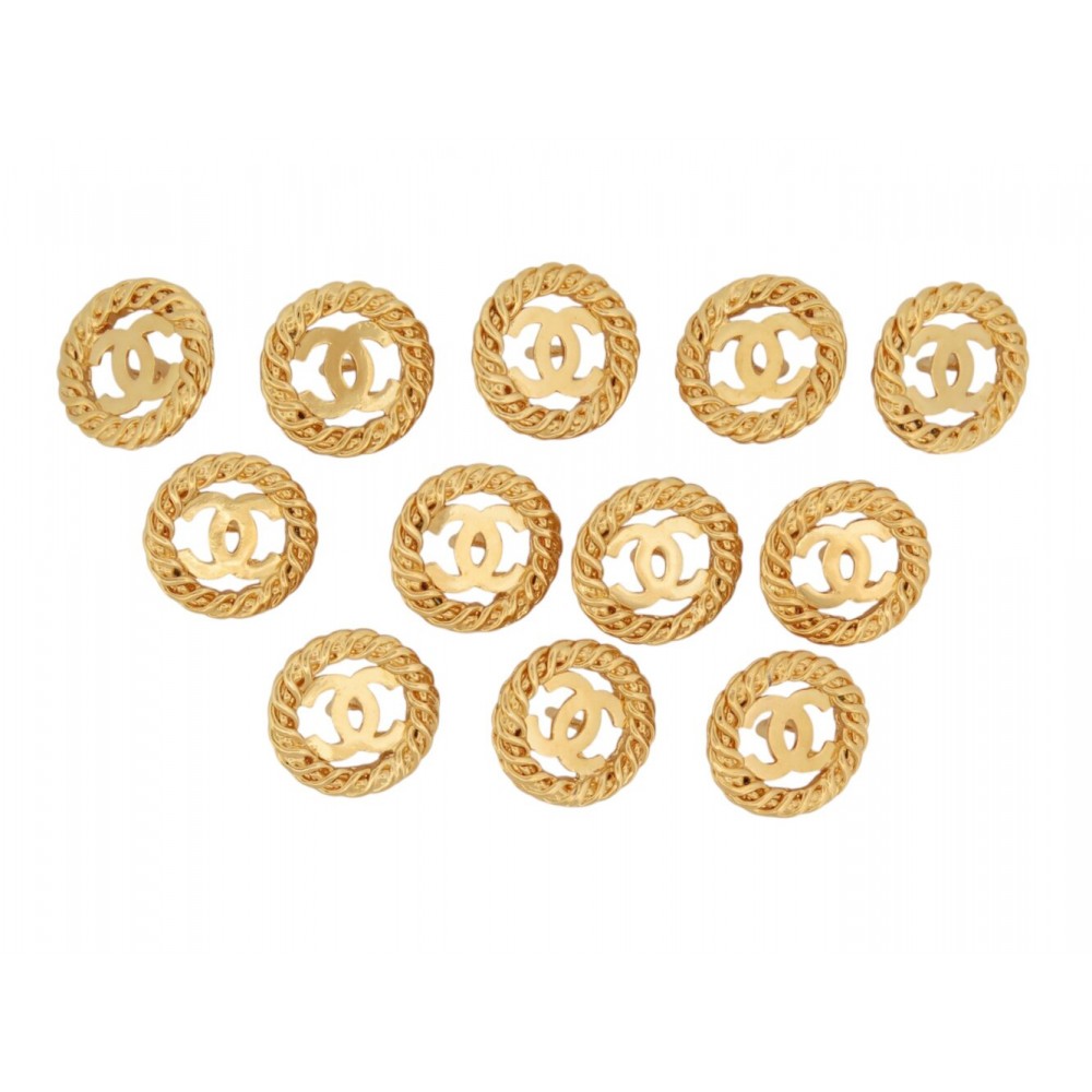 VINTAGE LOT DE 12 BOUTONS CHANEL LOGO CC METAL DORE CORDE TORSADES STEEL BUTTONS