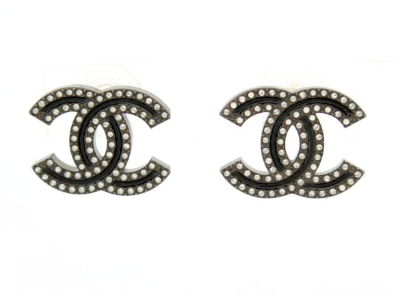 boucles d'oreilles chanel logo cc gris strass