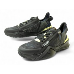 NEUF CHAUSSURES BASKETS FENDI FLOW 7E1519 8 IT 43 TOILE CUIR NOIR SNEAKERS 820€