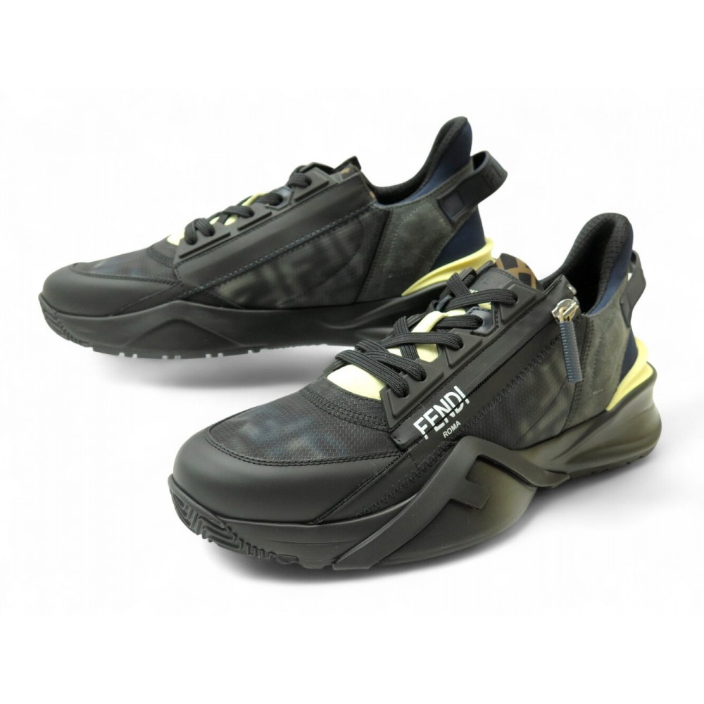 NEUF CHAUSSURES BASKETS FENDI FLOW 7E1519 8 IT 43 TOILE CUIR NOIR SNEAKERS 820€