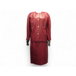 VINTAGE ENSEMBLE CHANEL TAILLEUR VESTE JUPE CUIR BORDEAUX L 42 BOUTONS CC 15000€