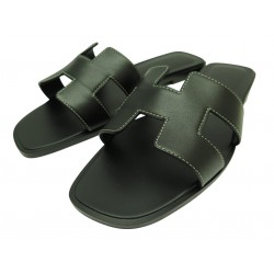 NEUF CHAUSSURES HERMES ORAN 39 SANDALES MULES EN CUIR NOIR BOX BOITE NEW SHOES