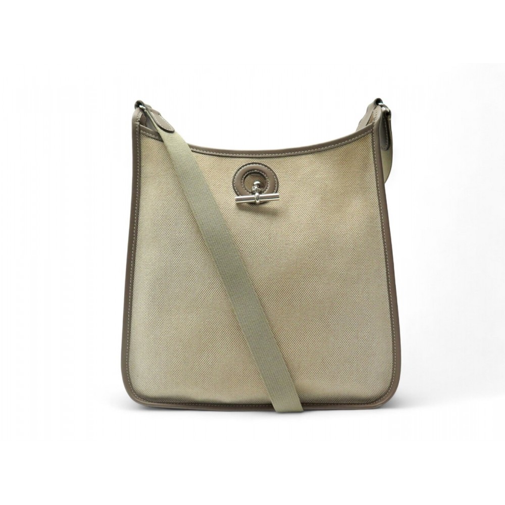 SAC A MAIN HERMES VESPA PM BANDOULIERE EN TOILE & CUIR BEIGE ET ETOUPE BAG 2400€