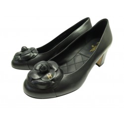 NEUF CHAUSSURES CHANEL G31545 ESCARPINS CAMELIA 37.5 CUIR NOIR MATELASSE 1120€