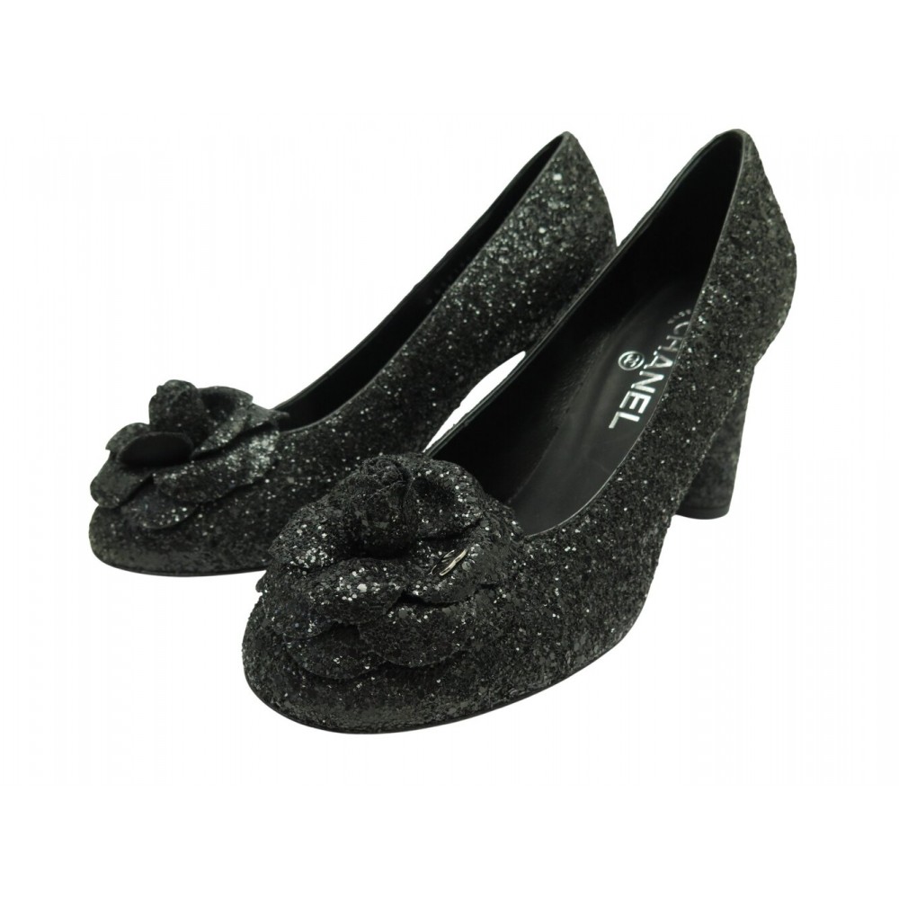 NEUF CHAUSSURES CHANEL ESCARPINS 39.5 CAMELIA PAILLETTES NOIRES SHOES NEW 1150€