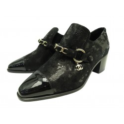 NEUF CHAUSSURES CHANEL G34219 MOCASSINS A TALON 37.5 EN DAIM NOIR SHOES 1400€