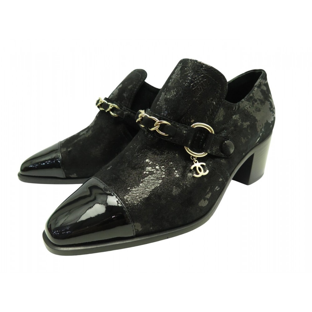 NEUF CHAUSSURES CHANEL G34219 MOCASSINS A TALON 37.5 EN DAIM NOIR SHOES 1400€