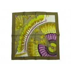NEUF FOULARD HERMES GAVROCHE BRAZIL DETAIL CARRE 45 CM EN SOIE KAKI SCARF 240€
