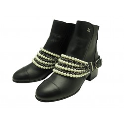 NEUF BOTTINES CHANEL G33931 EN CUIR NOIR 37 PERLES CHAINE ENTRELACEE BOOTS 1700€