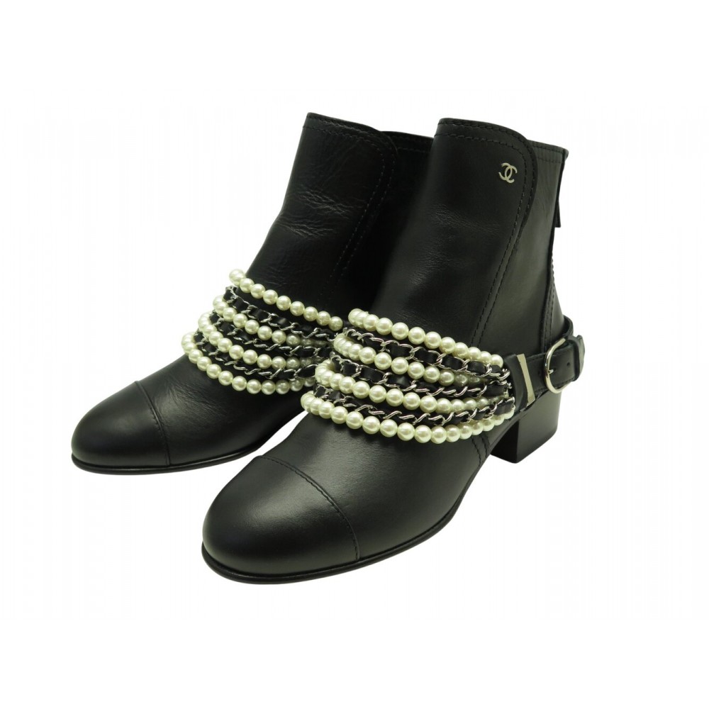 NEUF BOTTINES CHANEL G33931 EN CUIR NOIR 37 PERLES CHAINE ENTRELACEE BOOTS 1700€