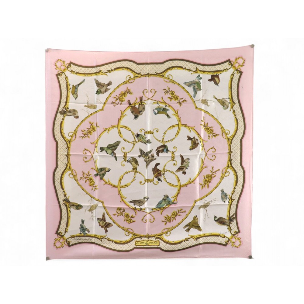VINTAGE FOULARD HERMES LA CLE DES CHAMPS CARRE 90 SOIE BROCHEE SILK SCARF 530€
