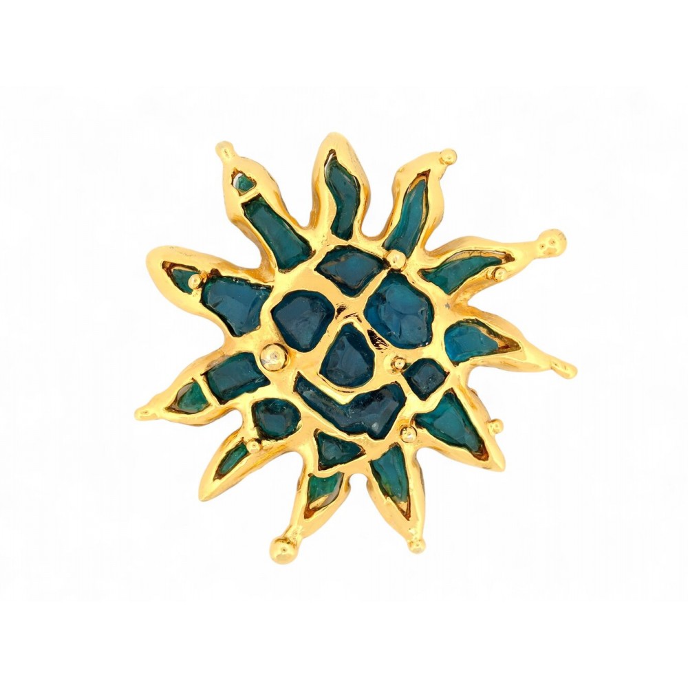 NEUF VINTAGE BROCHE CHRISTIAN LACROIX SOLEIL EN DORE PATE DE VERRE BLEUE BROOCH