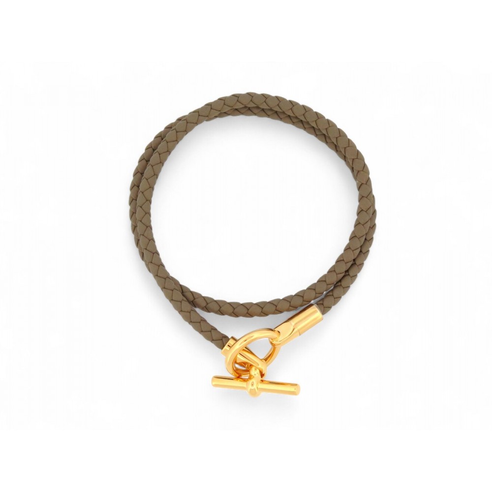 NEUF BRACELET HERMES GLENAN DOUBLE TOUR H071689Fv18T3 CUIR ETOUPE BANGLE 355€