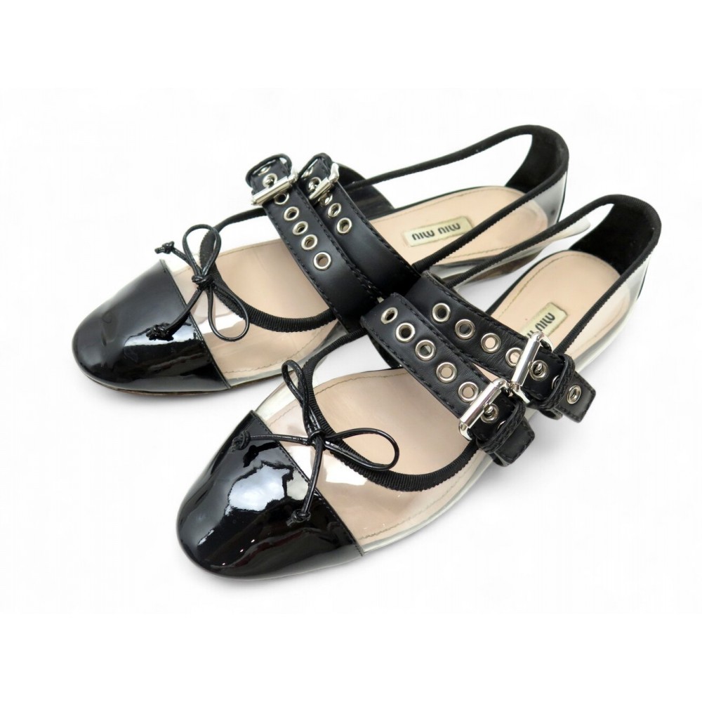 CHAUSSURES MIU MIU 41 BALLERINES CUIR VERNI NOIR VINYLE + BOITE FLAT SHOES 550€