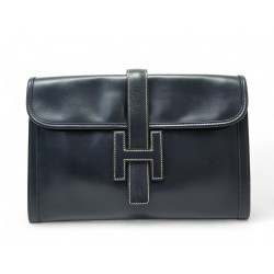 NEUF VINTAGE SAC A MAIN HERMES POCHETTE JIGE 29 CUIR BOX BLEU NAVY POUCH 3815€