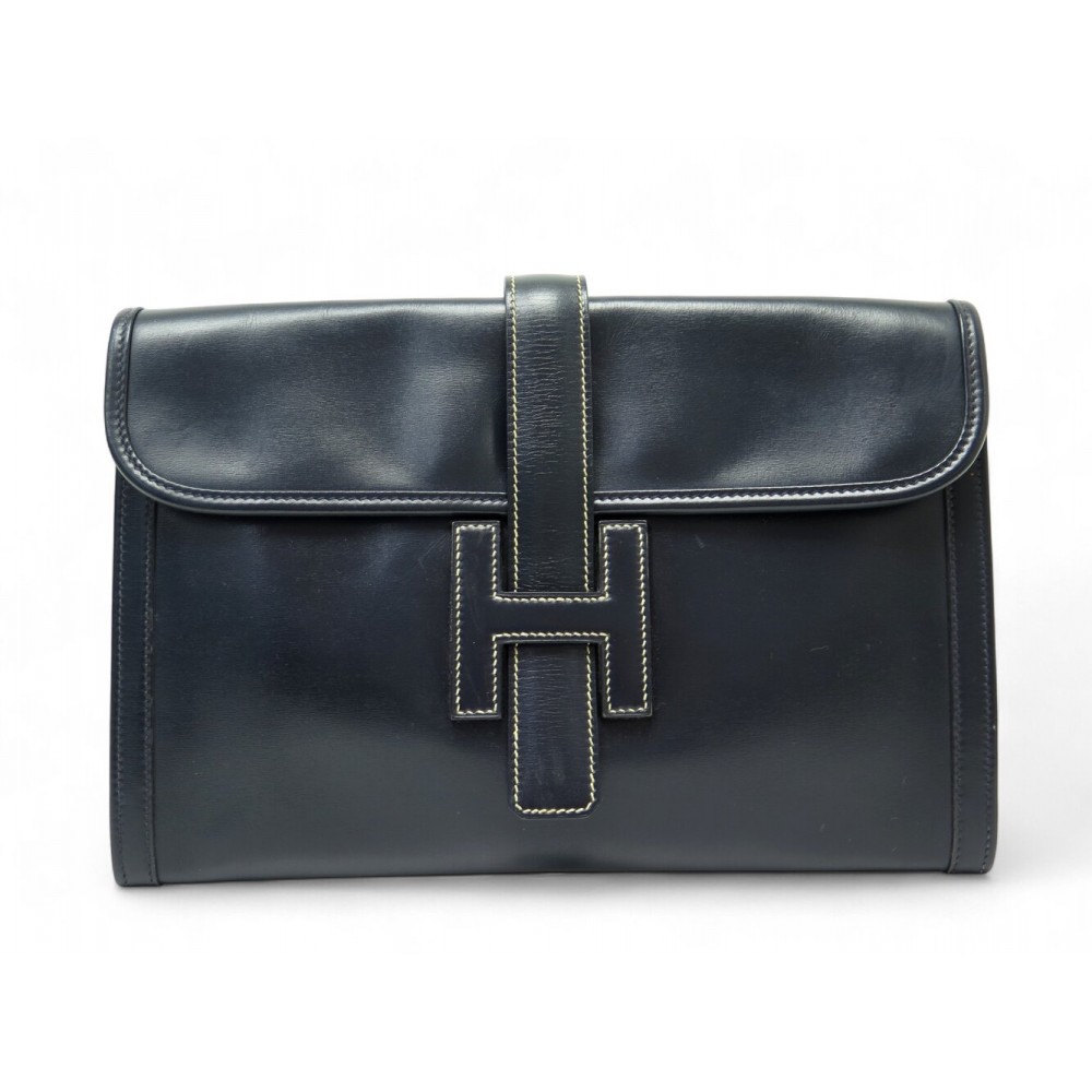 NEUF VINTAGE SAC A MAIN HERMES POCHETTE JIGE 29 CUIR BOX BLEU NAVY POUCH 3815€