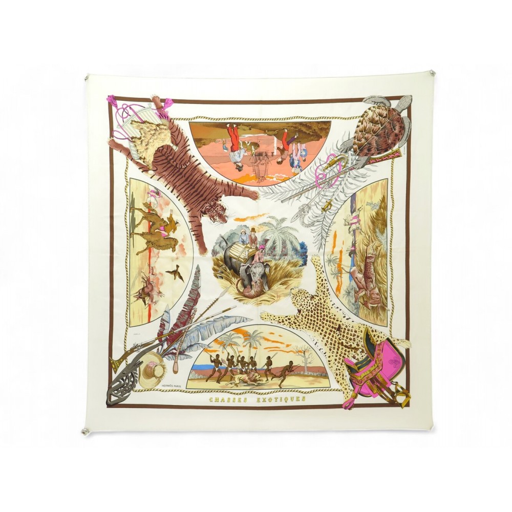 FOULARD HERMES CHASSES EXOTIQUES PHILIPPE LEDOUX CARRE 90 SOIE ECRU SCARF 530€