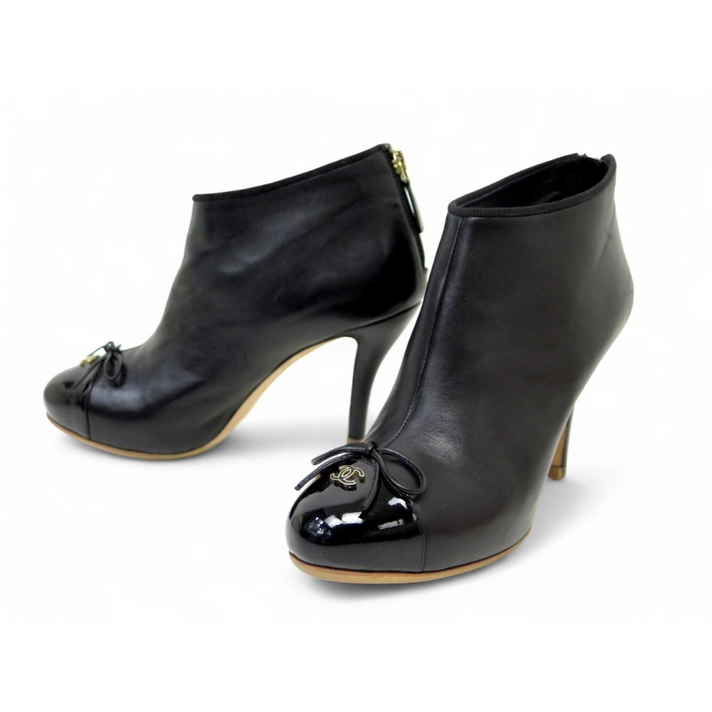 NEUF CHAUSSURES CHANEL BOTTINES LOGO CC G28409 38 EN CUIR NOIR ANKLE BOOTS 1600€